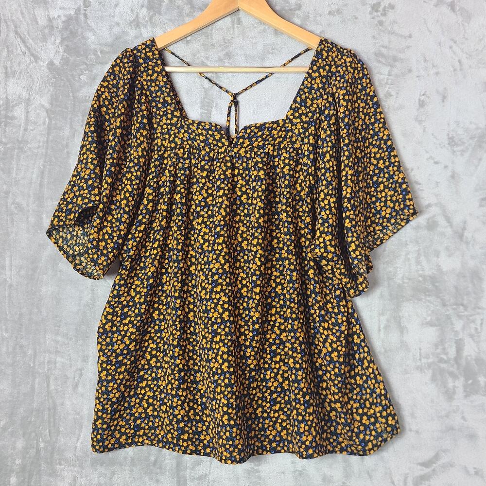 Knox Rose Blue Yellow Ditsy Floral Tasseled Blouse Cottagecore Flowy Boho Size L